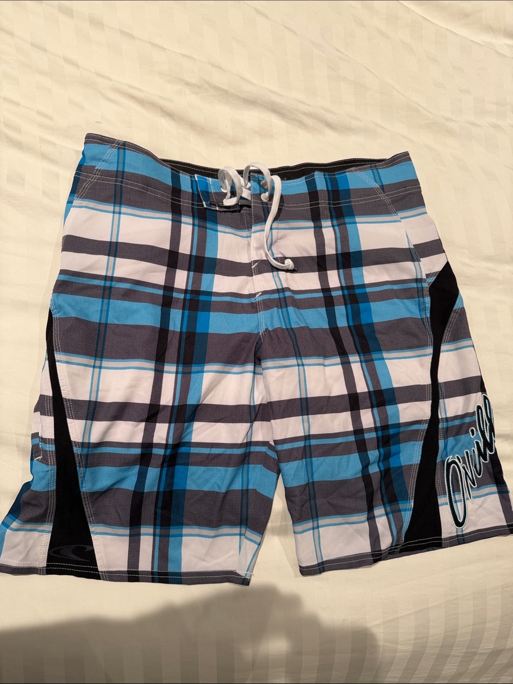 O'Neill Blue White Gray Plaid Men's Swim Board Shorts